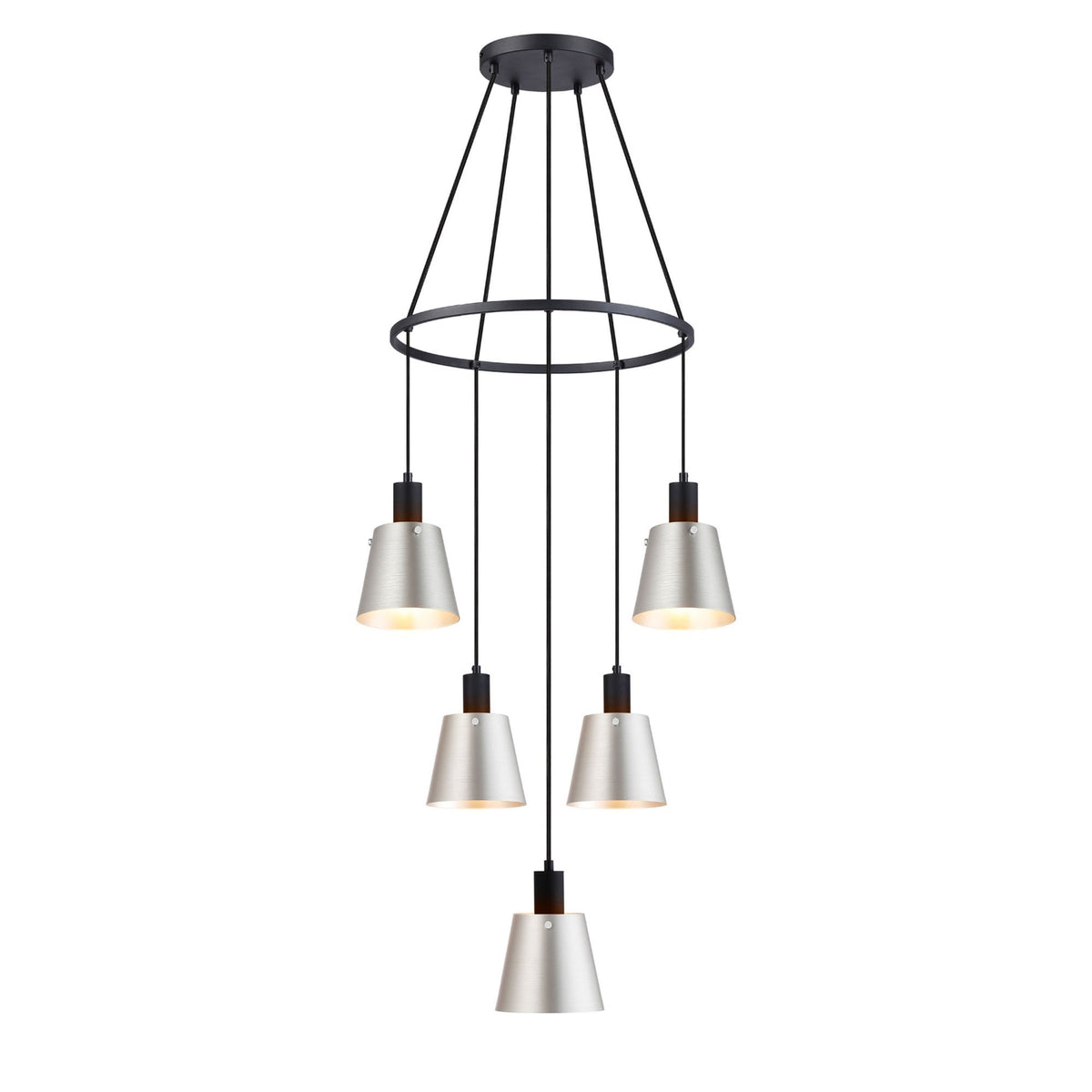 Essington 5 Drop Ring Pendant with Grey and Silver Metal Shades