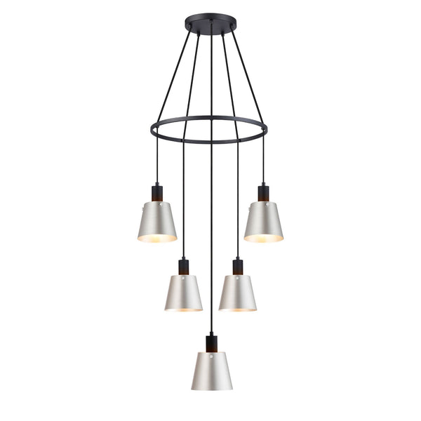 Essington 5 Drop Ring Pendant with Grey and Silver Metal Shades