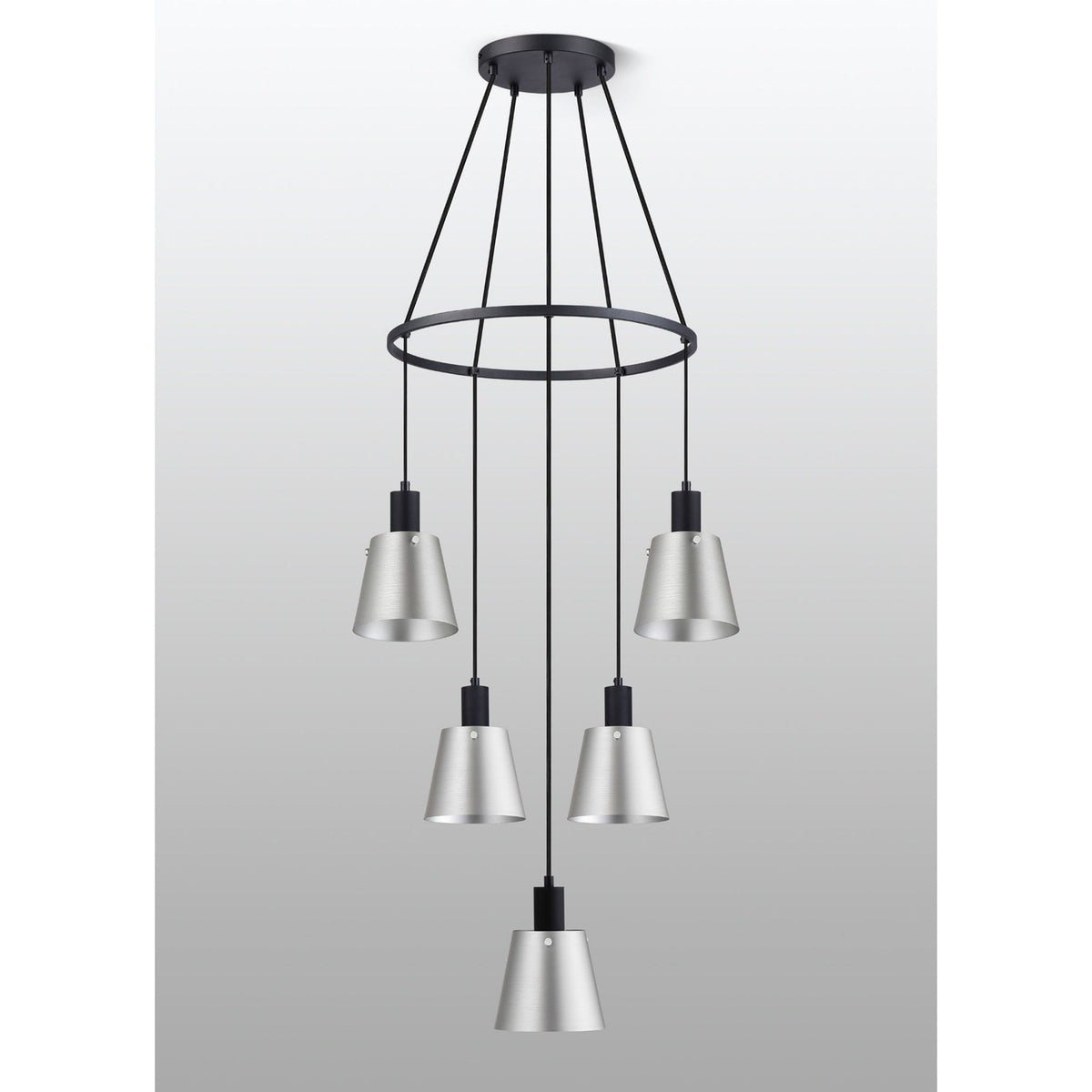 Essington 5 Drop Ring Pendant with Grey and Silver Metal Shades