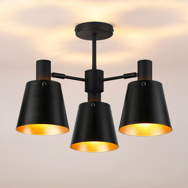 Essington 3 Arm Adjustable Semi Flush Ceiling Light with Sand Black and Gold Metal Shades