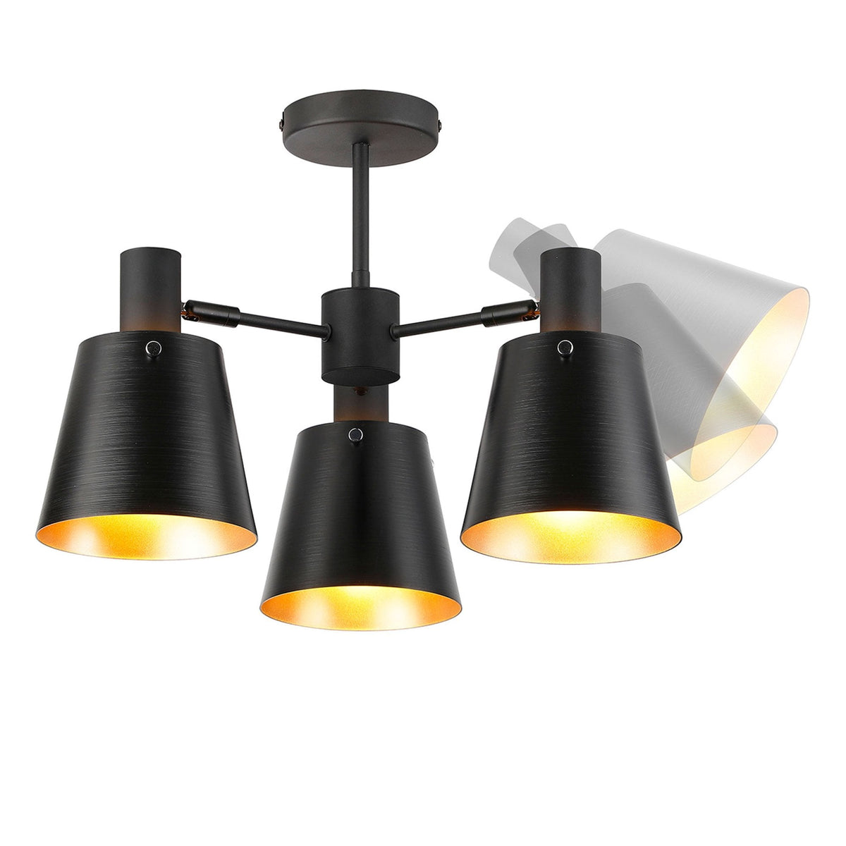 Essington 3 Arm Adjustable Semi Flush Ceiling Light with Sand Black and Gold Metal Shades
