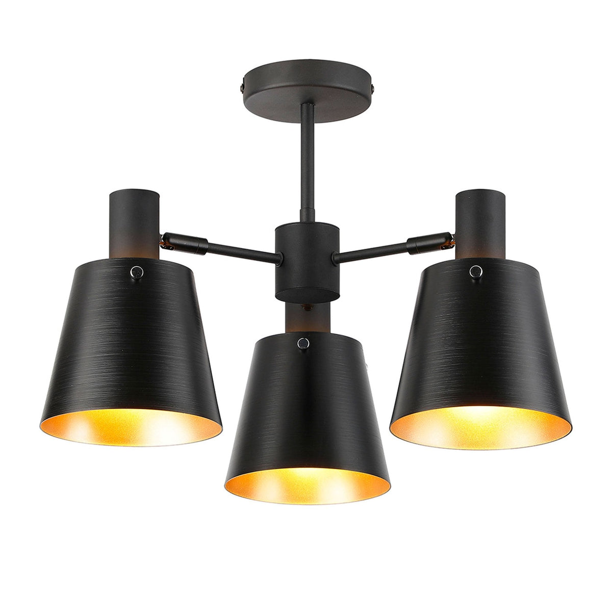 Essington 3 Arm Adjustable Semi Flush Ceiling Light with Sand Black and Gold Metal Shades