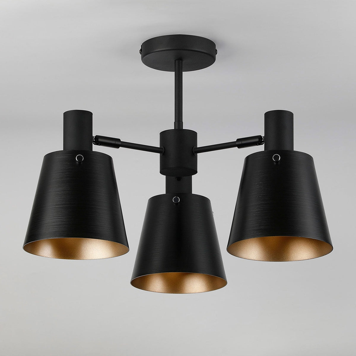 Essington 3 Arm Adjustable Semi Flush Ceiling Light with Sand Black and Gold Metal Shades