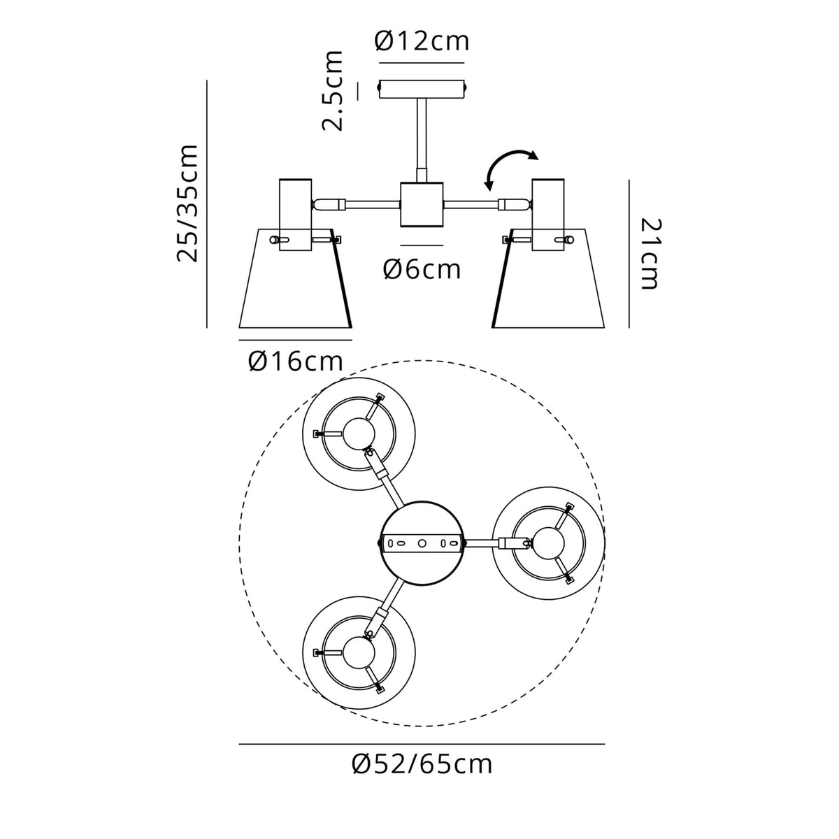 Technical diagram showing the dimensions and adjustability of the three-arm ceiling light.