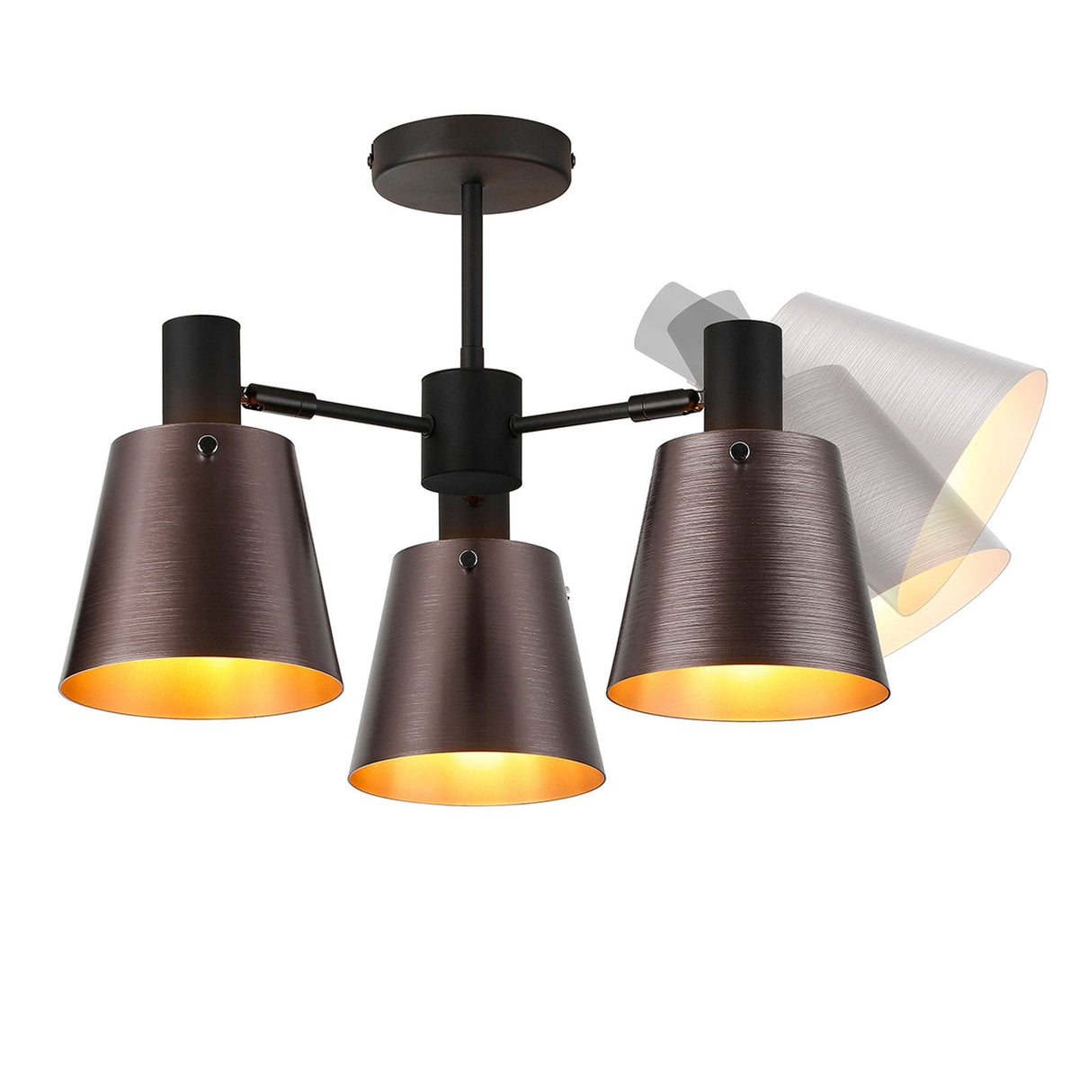 A three-arm ceiling light showing the adjustable shades in an aged bronze finish.