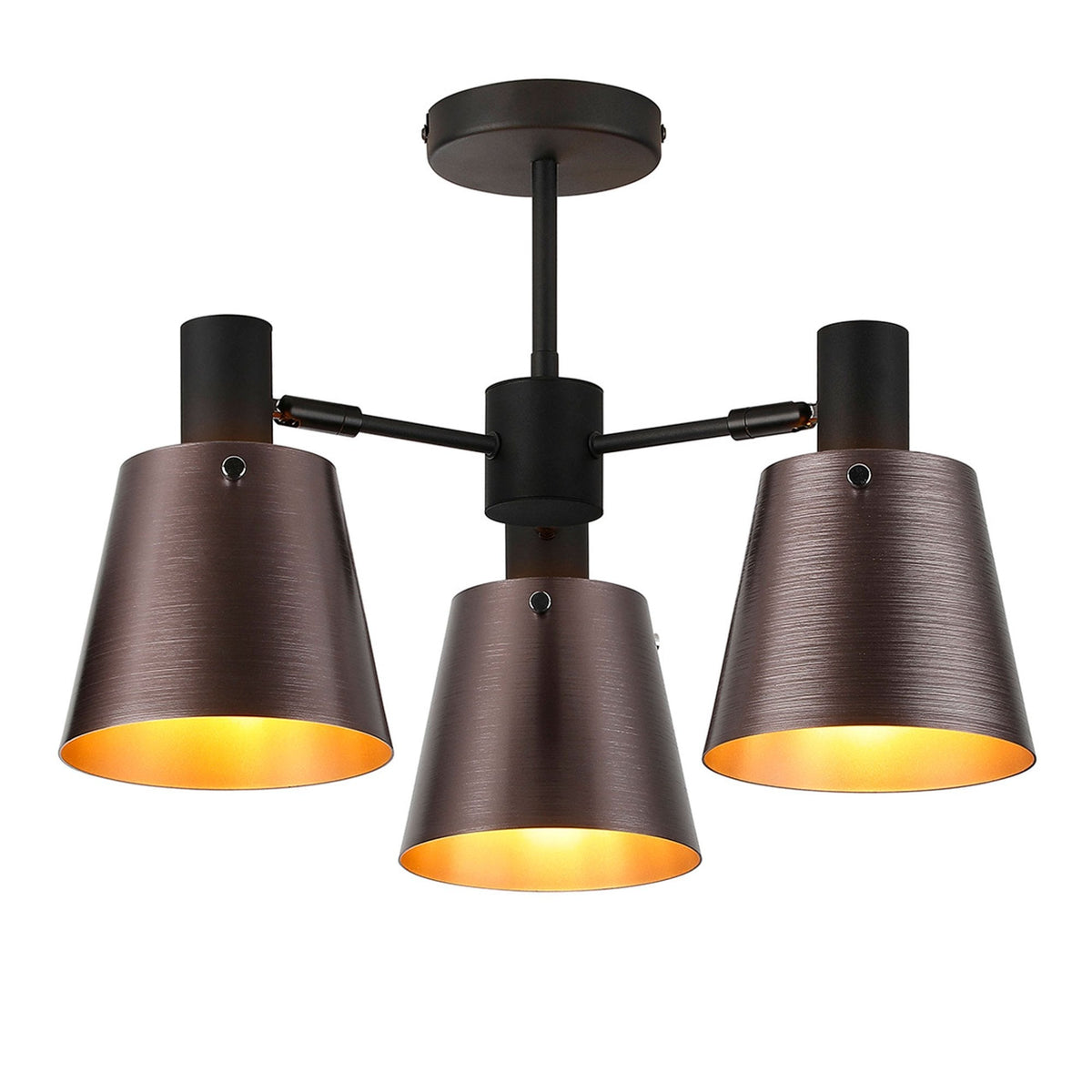 A three-arm ceiling light with aged bronze conical shades, illuminated with a warm glow.