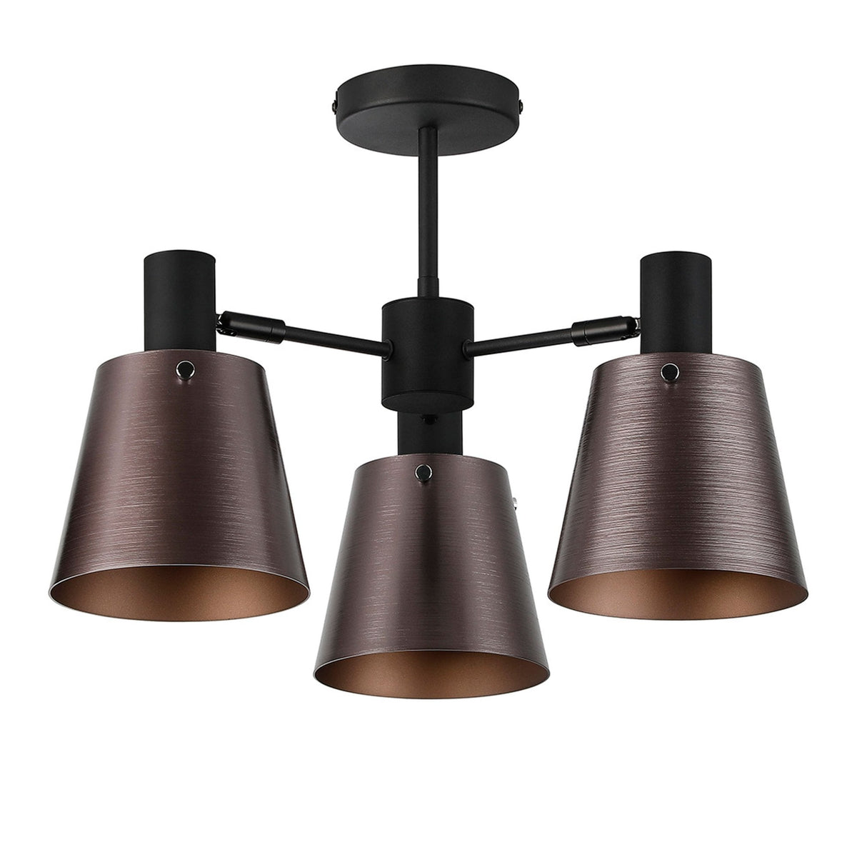 A three-arm ceiling light with unlit aged bronze conical shades against a white background.