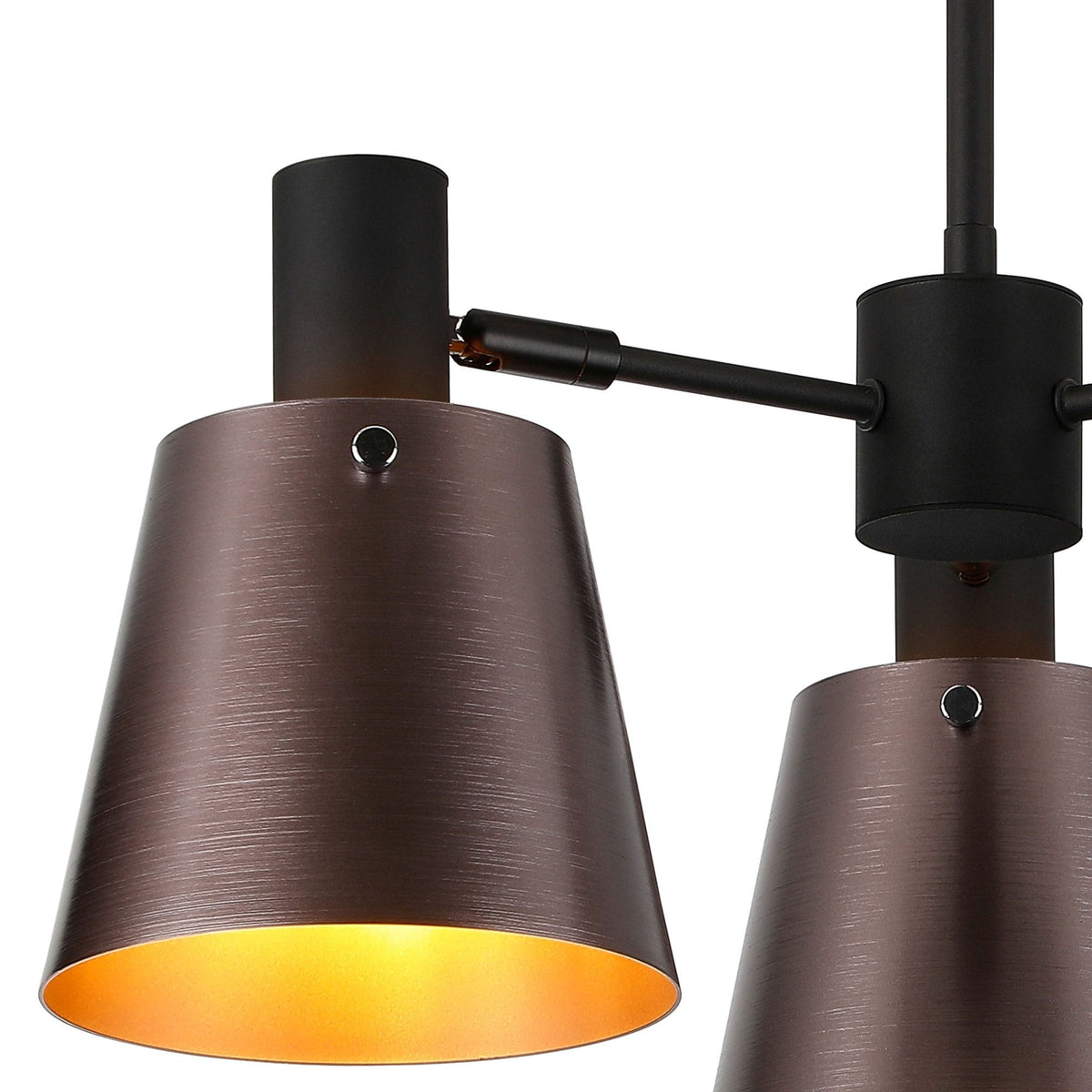 A close-up of the adjustable aged bronze conical shade of a ceiling light, showing the detail.