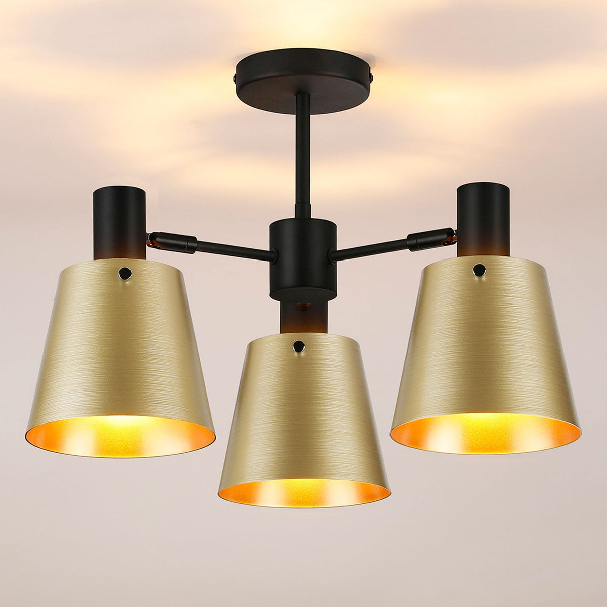 Essington 3 Arm Adjustable Semi Flush Ceiling Light with Brass and Gold Metal Shades