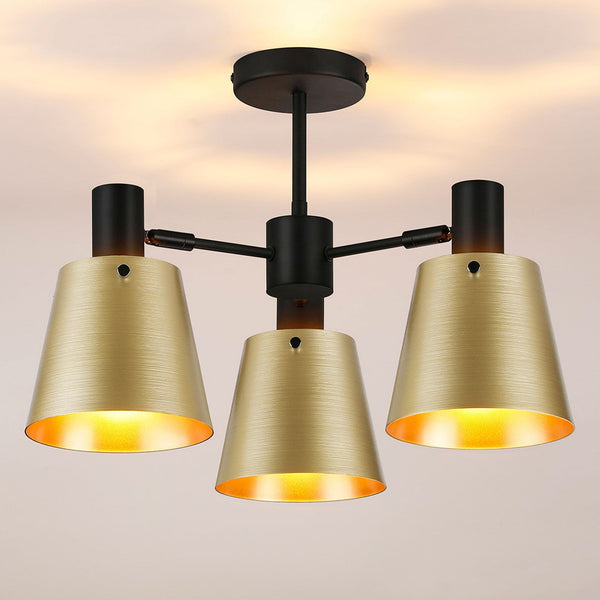 Essington 3 Arm Adjustable Semi Flush Ceiling Light with Brass and Gold Metal Shades