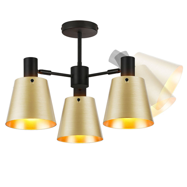 Essington 3 Arm Adjustable Semi Flush Ceiling Light with Brass and Gold Metal Shades