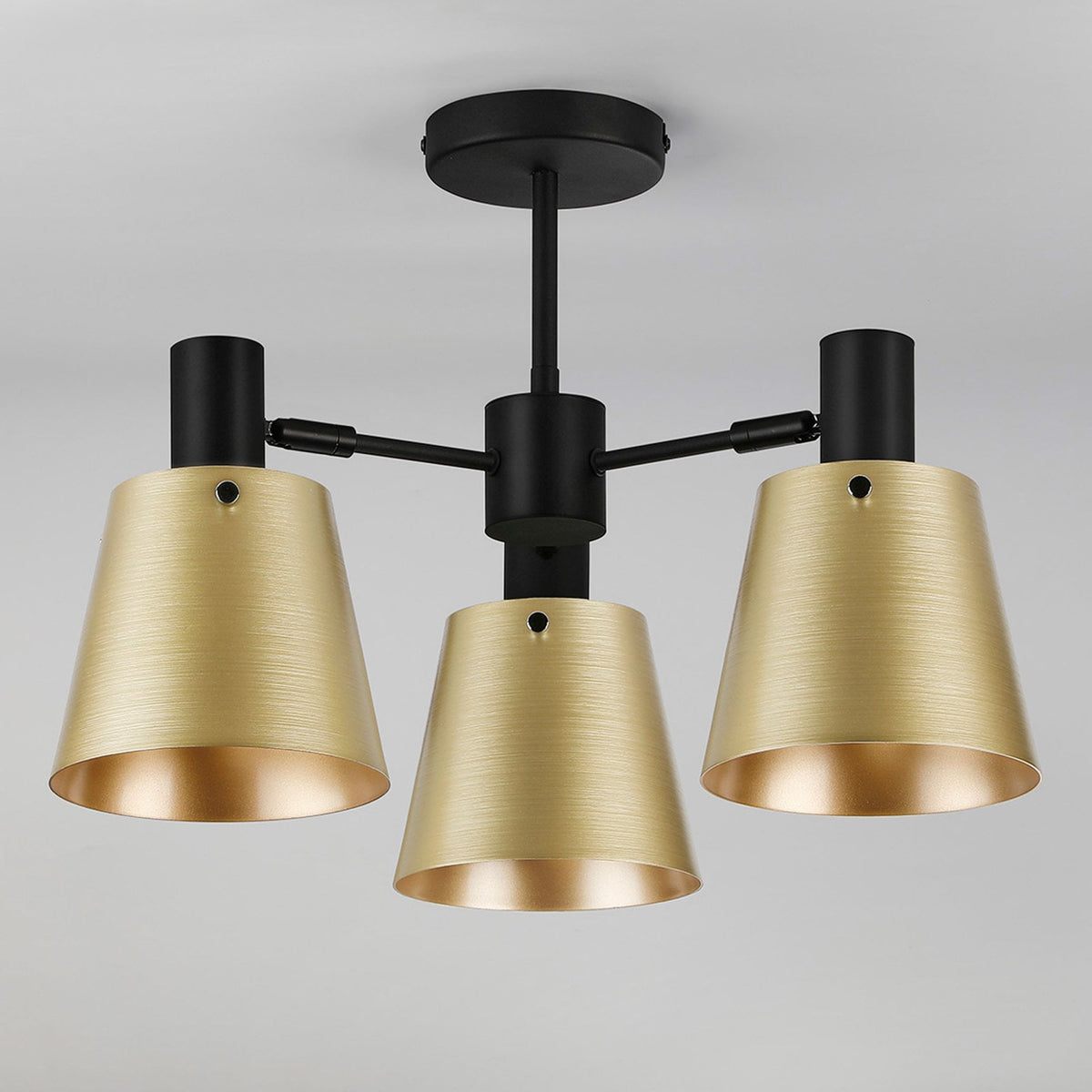 Essington 3 Arm Adjustable Semi Flush Ceiling Light with Brass and Gold Metal Shades