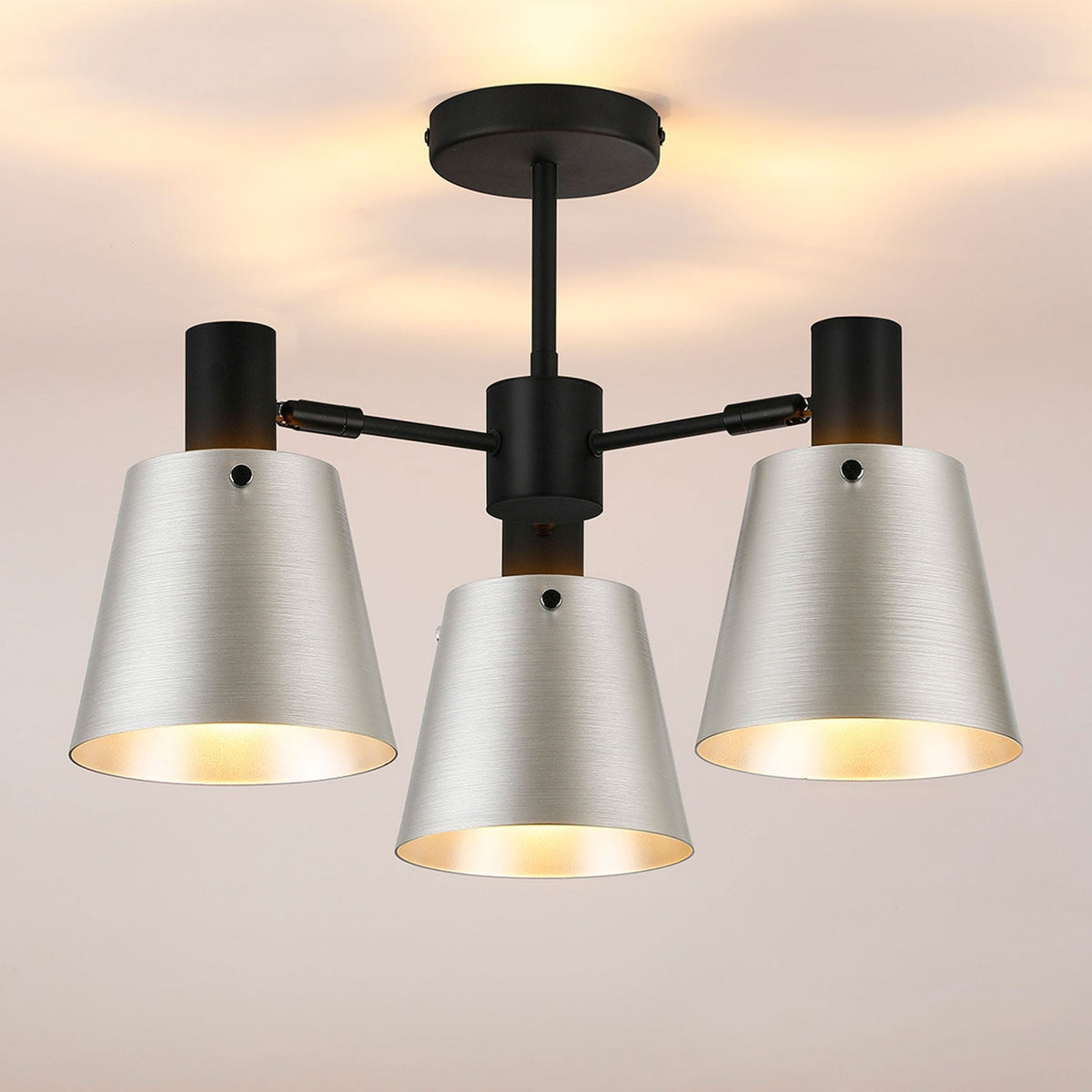 Essington 3 Arm Adjustable Semi Flush Ceiling Light with Grey and Silver Metal Shades