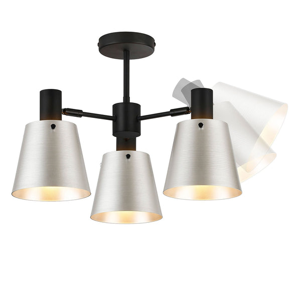 Essington 3 Arm Adjustable Semi Flush Ceiling Light with Grey and Silver Metal Shades