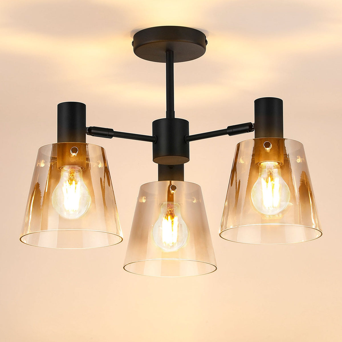 Essington 3 Arm Adjustable Semi Flush Ceiling Light with Smoke Fade Glass Shades