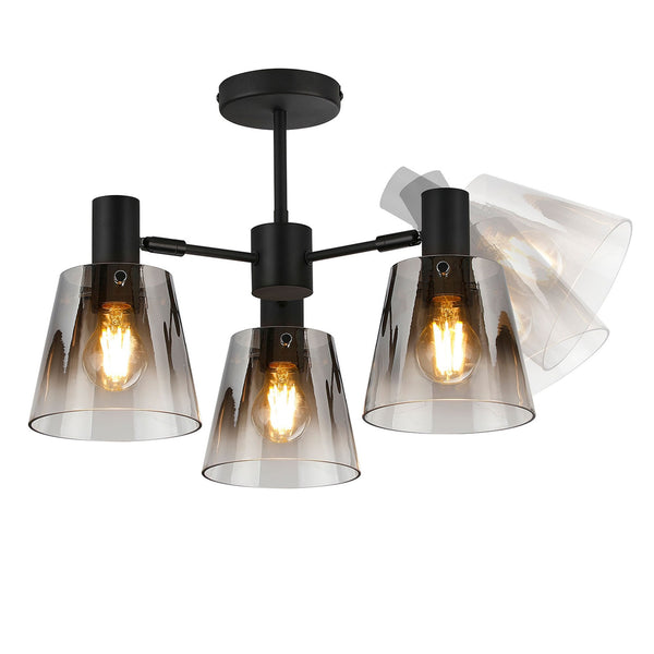 Essington 3 Arm Adjustable Semi Flush Ceiling Light with Smoke Fade Glass Shades