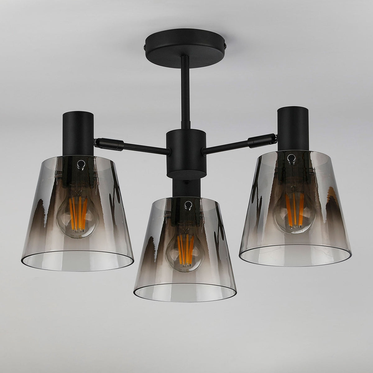 Essington 3 Arm Adjustable Semi Flush Ceiling Light with Smoke Fade Glass Shades