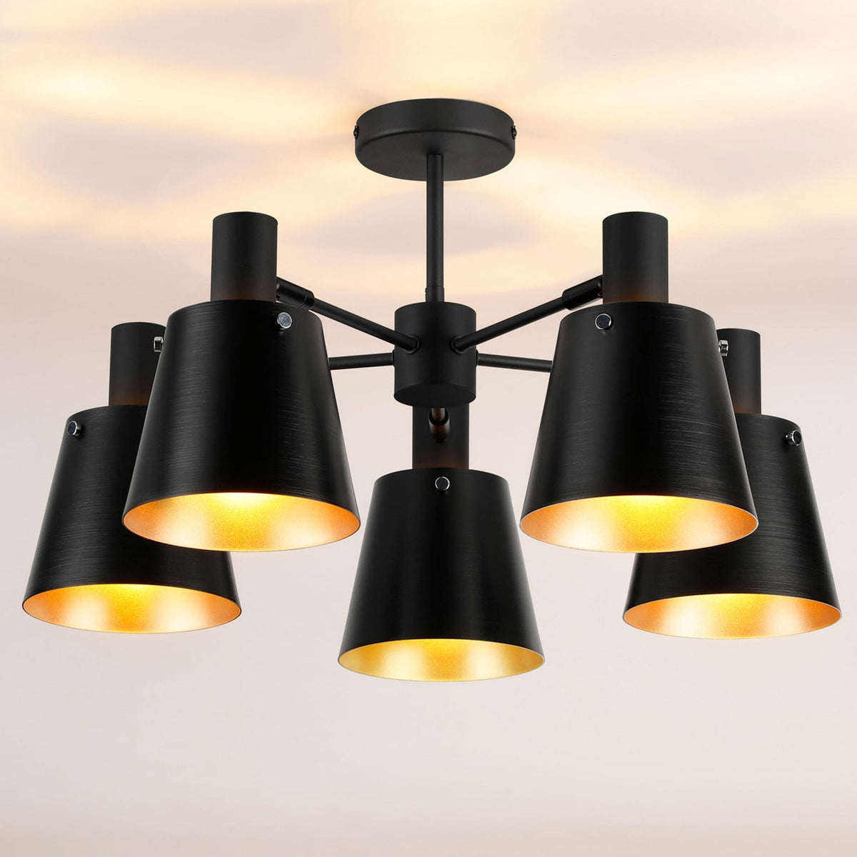 Essington 5 Arm Adjustable Semi Flush Ceiling Light with Sand Black and Gold Metal Shades