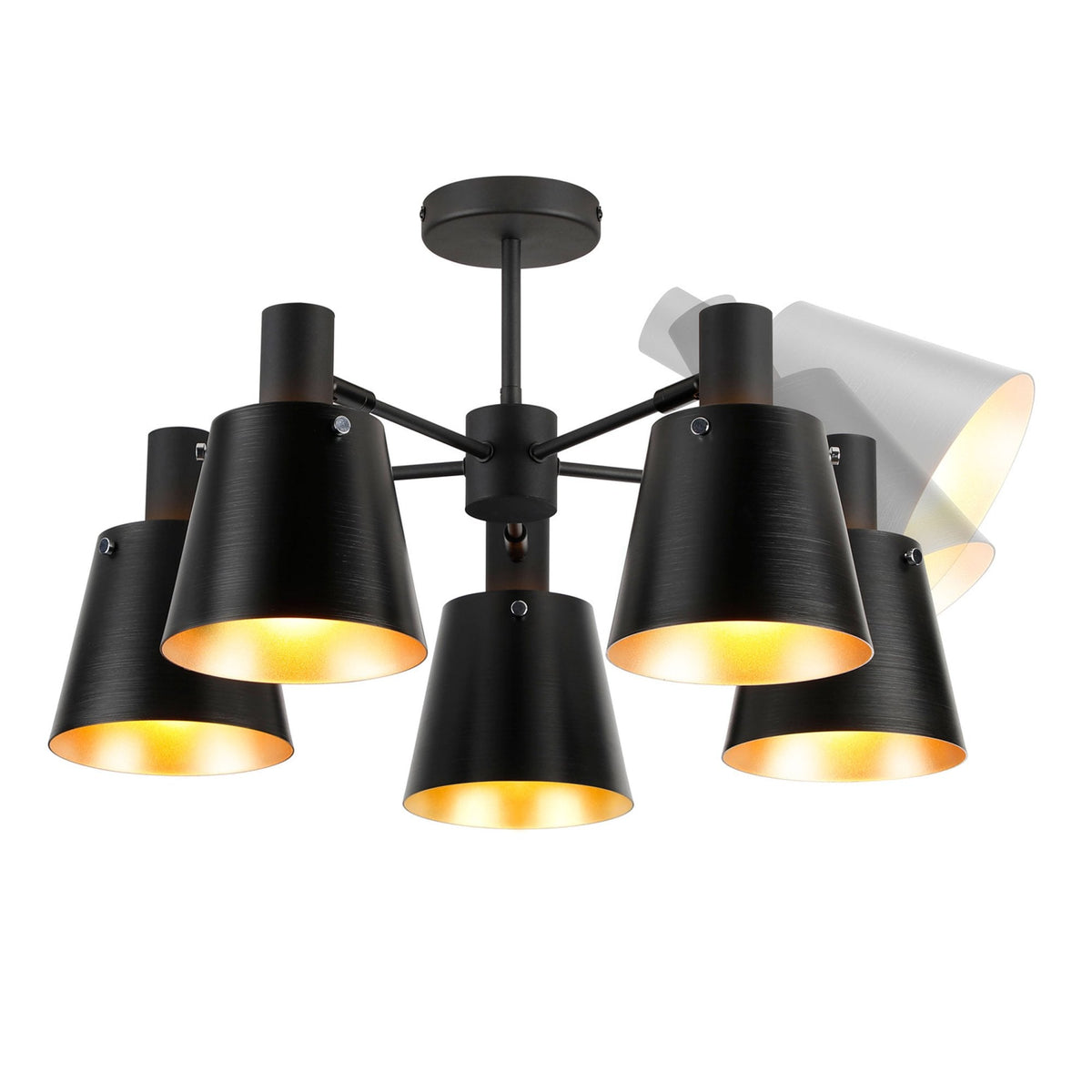 Essington 5 Arm Adjustable Semi Flush Ceiling Light with Sand Black and Gold Metal Shades