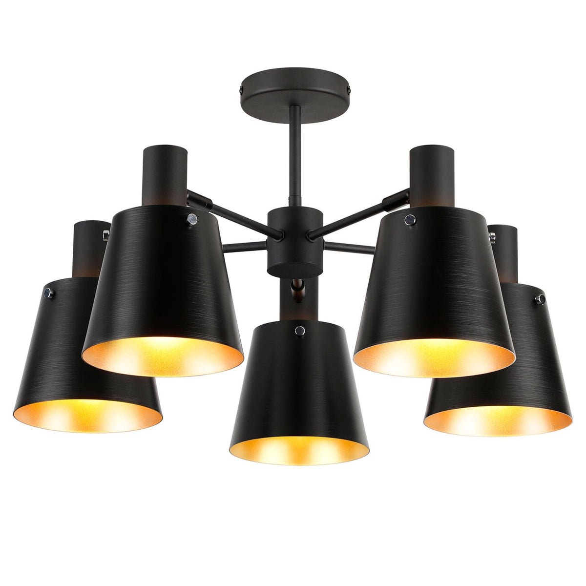 Essington 5 Arm Adjustable Semi Flush Ceiling Light with Sand Black and Gold Metal Shades