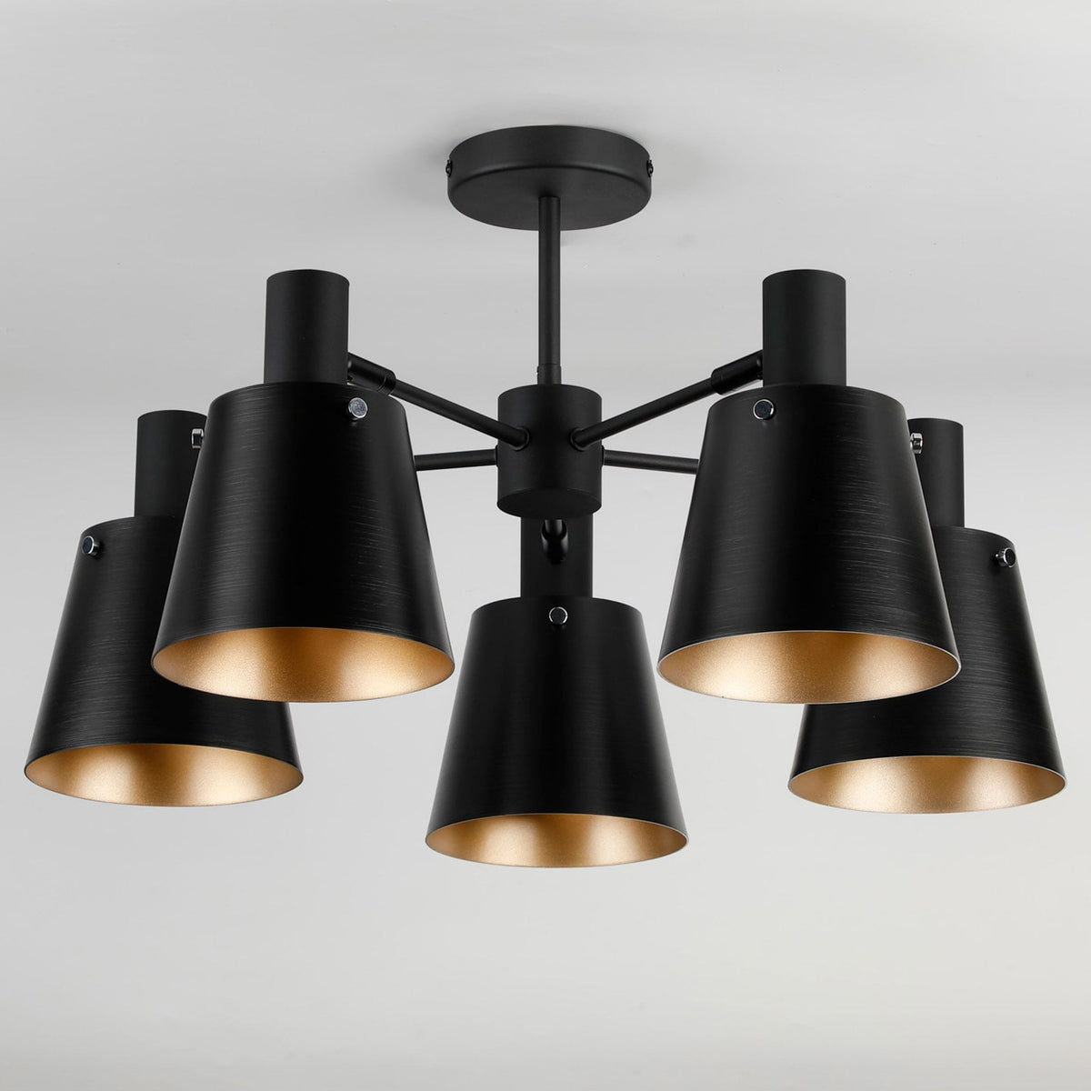 Essington 5 Arm Adjustable Semi Flush Ceiling Light with Sand Black and Gold Metal Shades