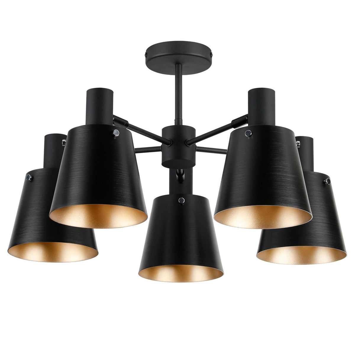 Essington 5 Arm Adjustable Semi Flush Ceiling Light with Sand Black and Gold Metal Shades