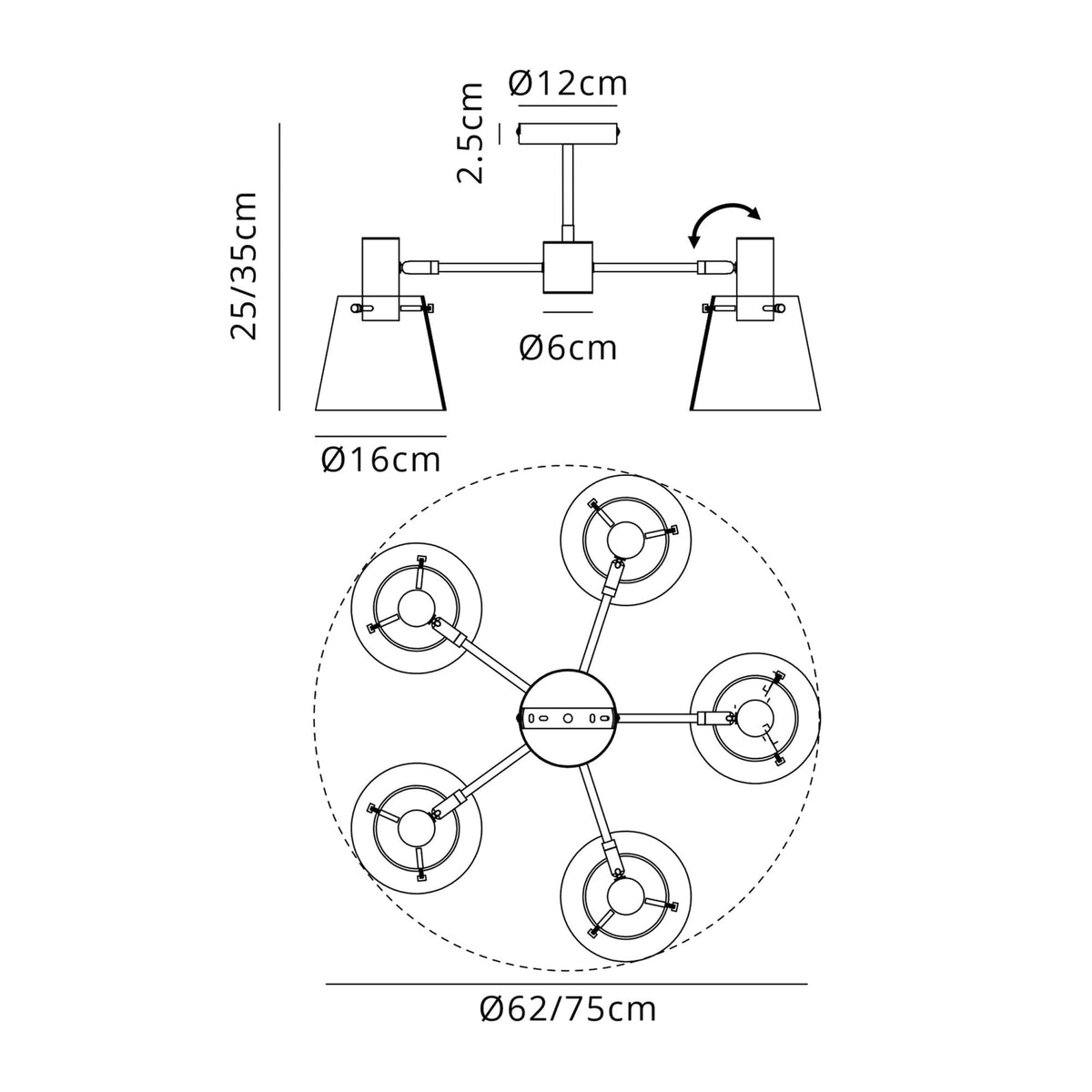 Essington 5 Arm Adjustable Semi Flush Ceiling Light with Frosted White Glass Shades