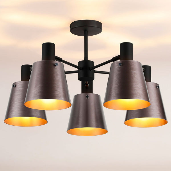 Essington 5 Arm Adjustable Semi Flush Ceiling Light with Brown and Copper Metal Shades