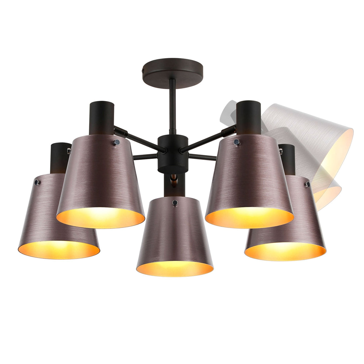 Essington 5 Arm Adjustable Semi Flush Ceiling Light with Brown and Copper Metal Shades
