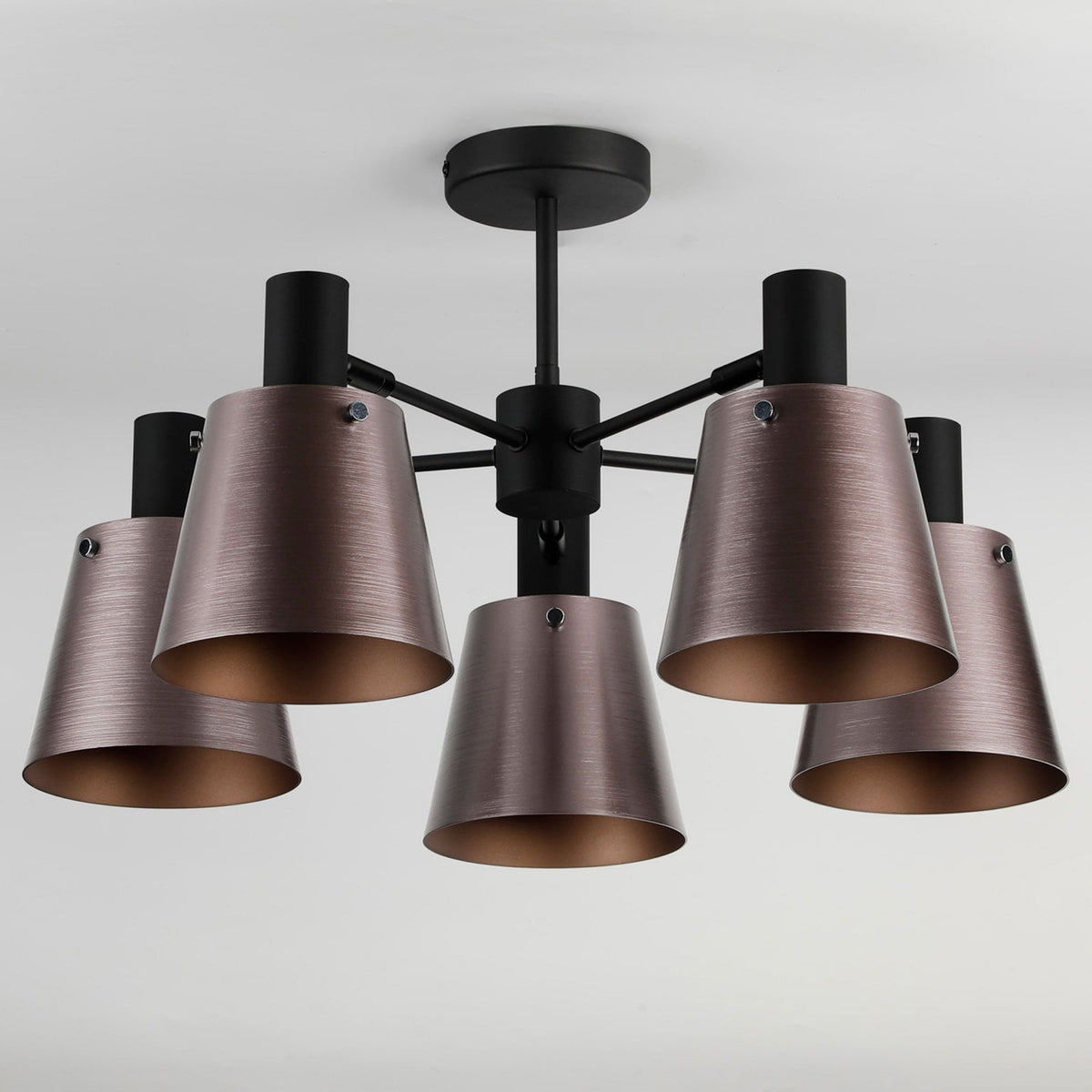 Essington 5 Arm Adjustable Semi Flush Ceiling Light with Brown and Copper Metal Shades