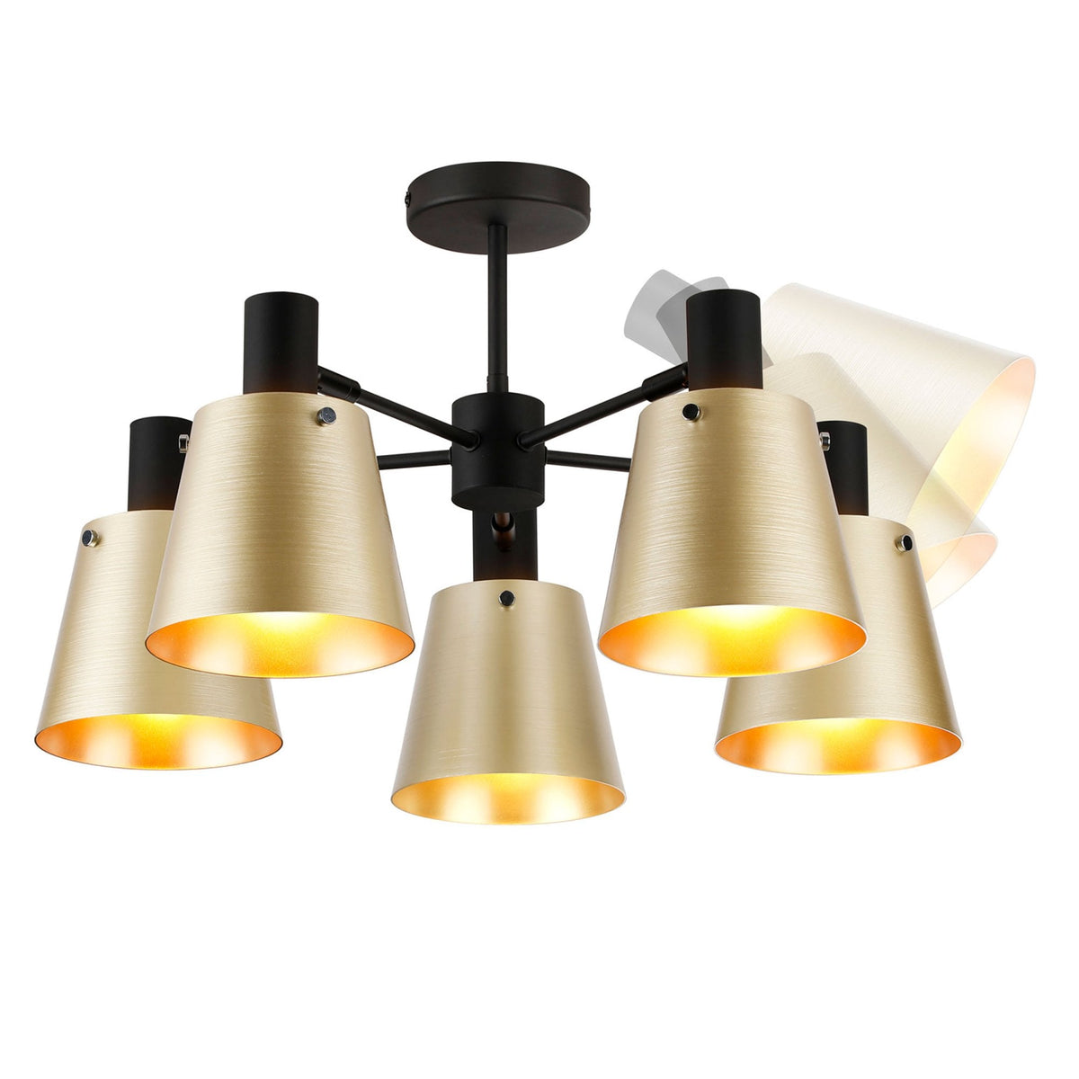 Essington 5 Arm Adjustable Semi Flush Ceiling Light with Brass and Gold Metal Shades