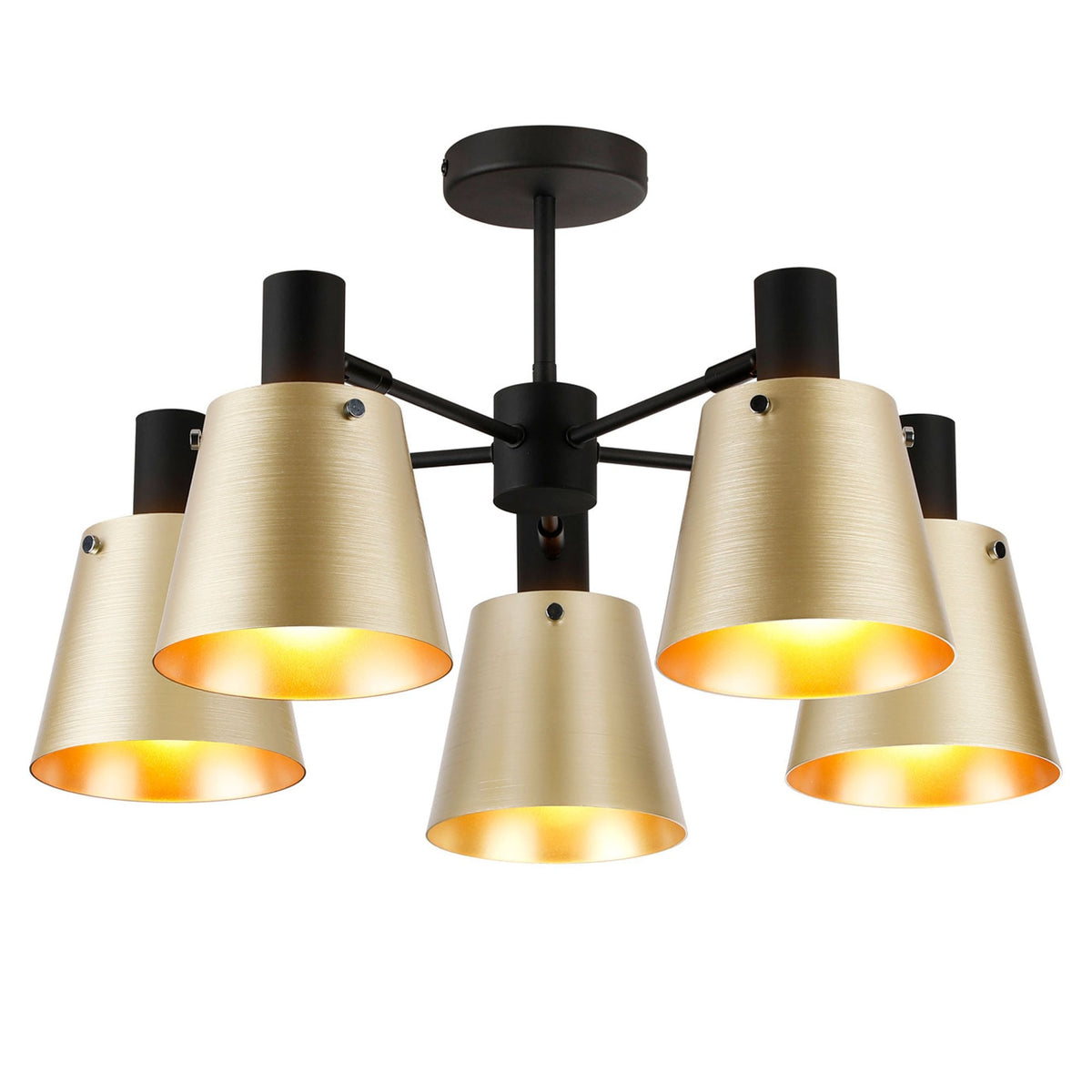 Essington 5 Arm Adjustable Semi Flush Ceiling Light with Brass and Gold Metal Shades
