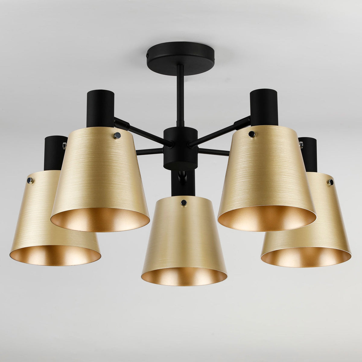 Essington 5 Arm Adjustable Semi Flush Ceiling Light with Brass and Gold Metal Shades