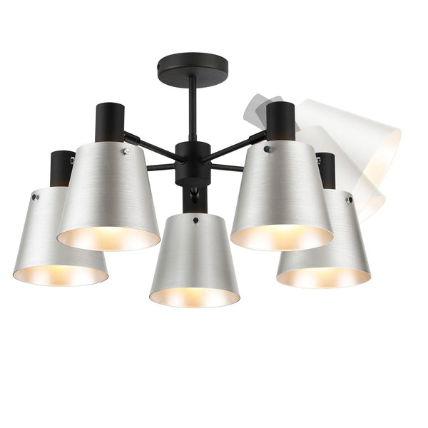 Essington 5 Arm Adjustable Semi Flush Ceiling Light with Grey and Silver Metal Shades