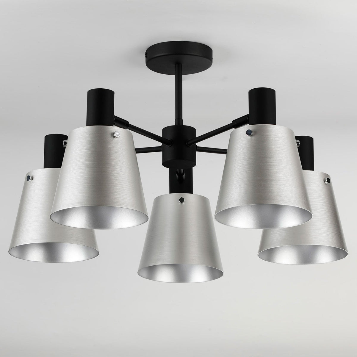 Essington 5 Arm Adjustable Semi Flush Ceiling Light with Grey and Silver Metal Shades