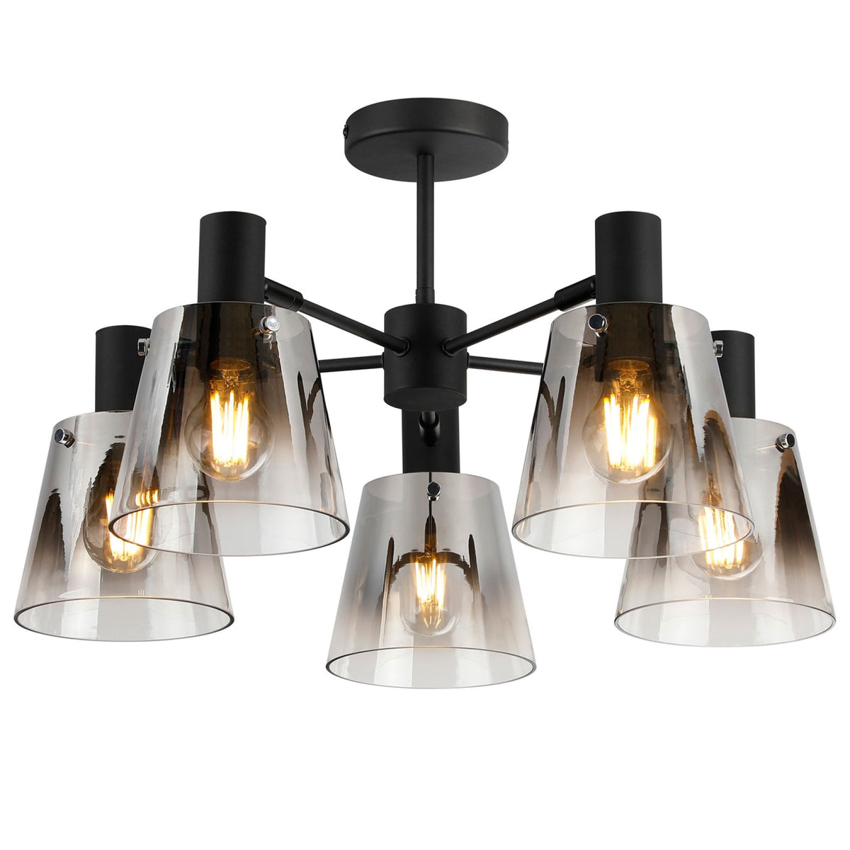 Essington 5 Arm Adjustable Semi Flush Ceiling Light with Smoke Fade Glass Shades