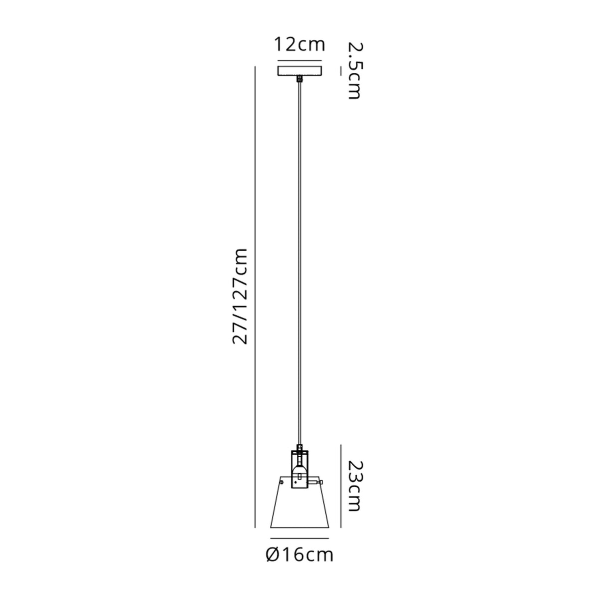 A diagram illustrating the dimensions of a pendant light with a frosted glass shade.