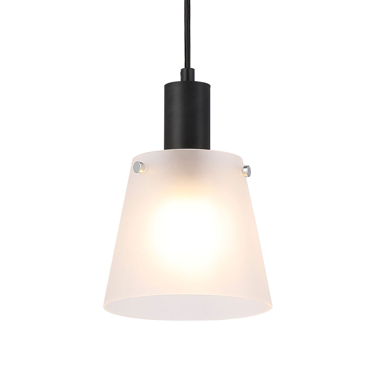 A close-up of a minimalist black pendant light with a frosted glass shade.