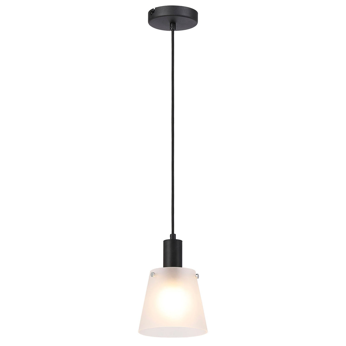 A minimalist black ceiling rose, cable, and a frosted glass pendant light.