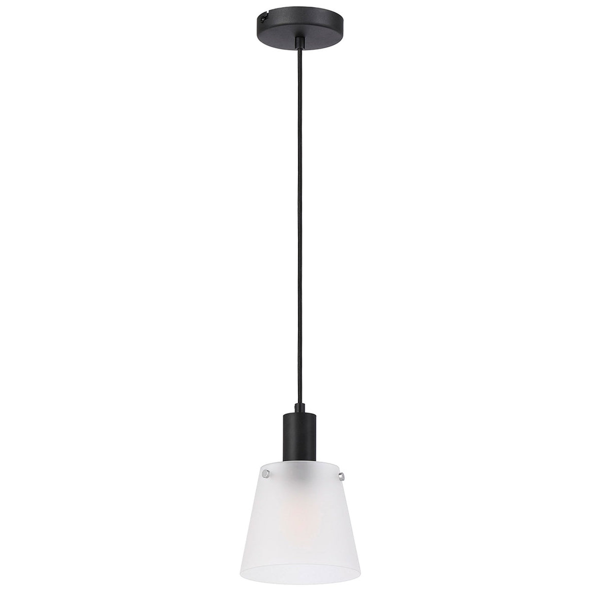 A minimalist black ceiling rose, cable, and a frosted glass pendant light.