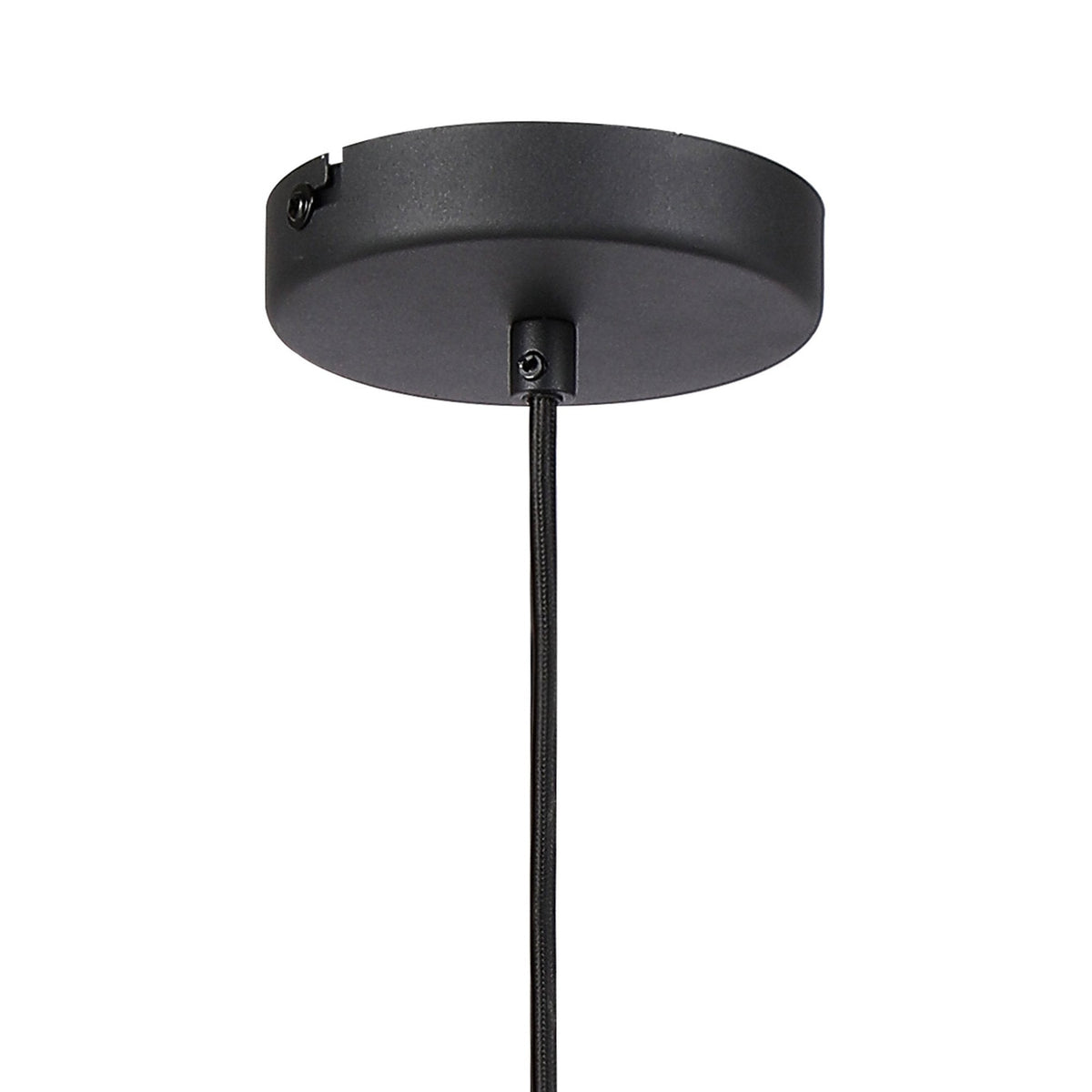 A close-up of a sleek black ceiling rose with a black cable.