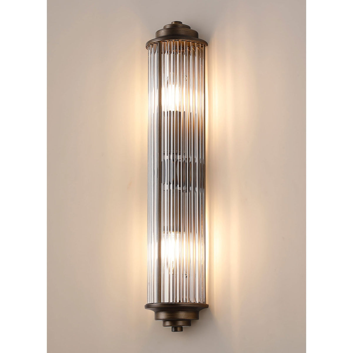 Tansley E14 Twin Lamp IP44 Flush Wall Light in Bronze with Clear Glass Rods