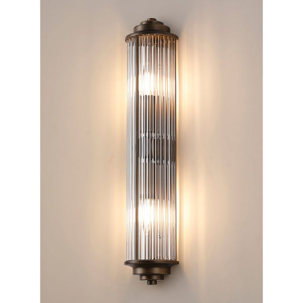 Tansley E14 Twin Lamp IP44 Flush Wall Light in Bronze with Clear Glass Rods