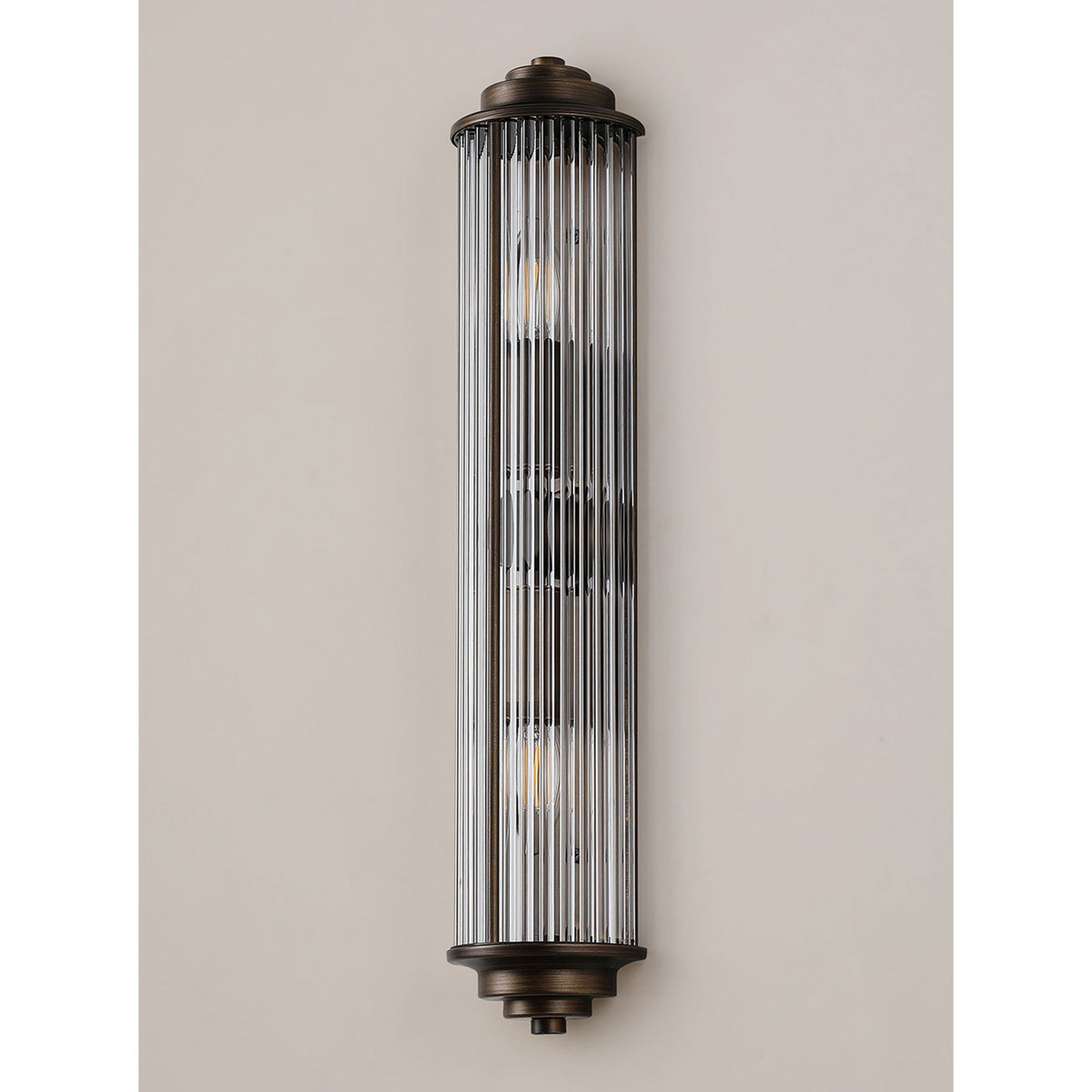 Tansley E14 Twin Lamp IP44 Flush Wall Light in Bronze with Clear Glass Rods