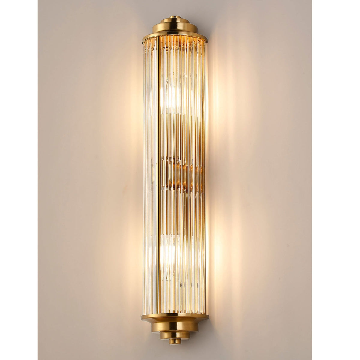 Tansley E14 Twin Lamp IP44 Flush Wall Light in Gold with Clear Glass Rods