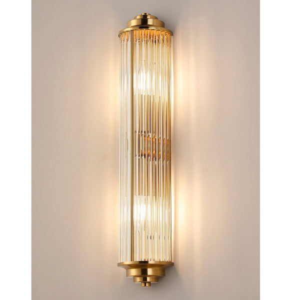 Tansley E14 Twin Lamp IP44 Flush Wall Light in Gold with Clear Glass Rods