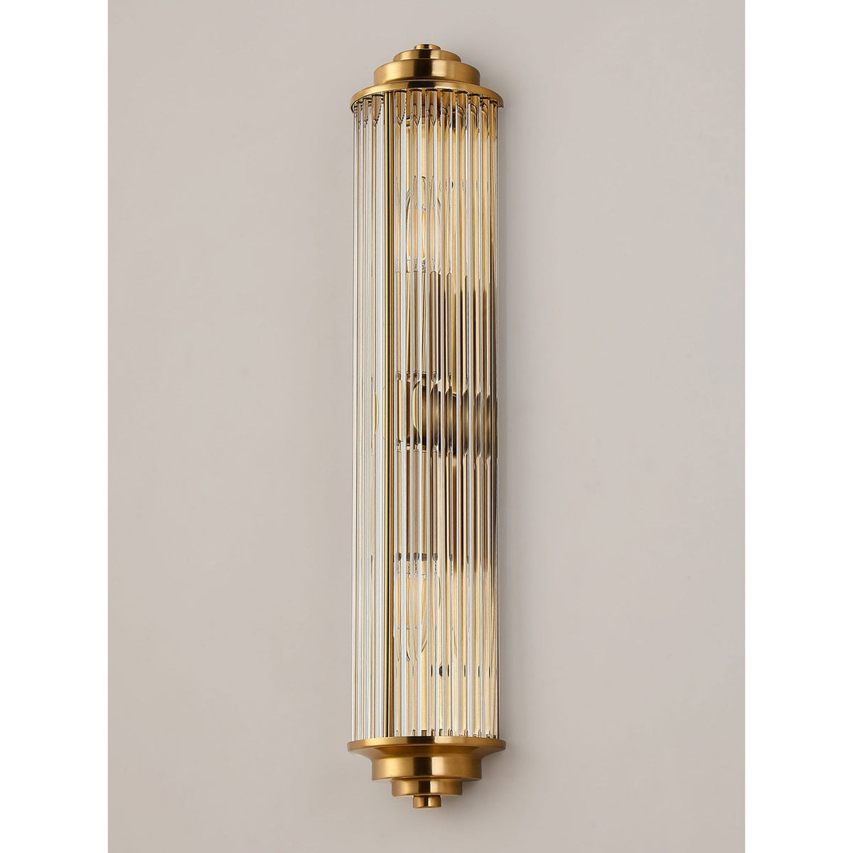 Tansley E14 Twin Lamp IP44 Flush Wall Light in Gold with Clear Glass Rods