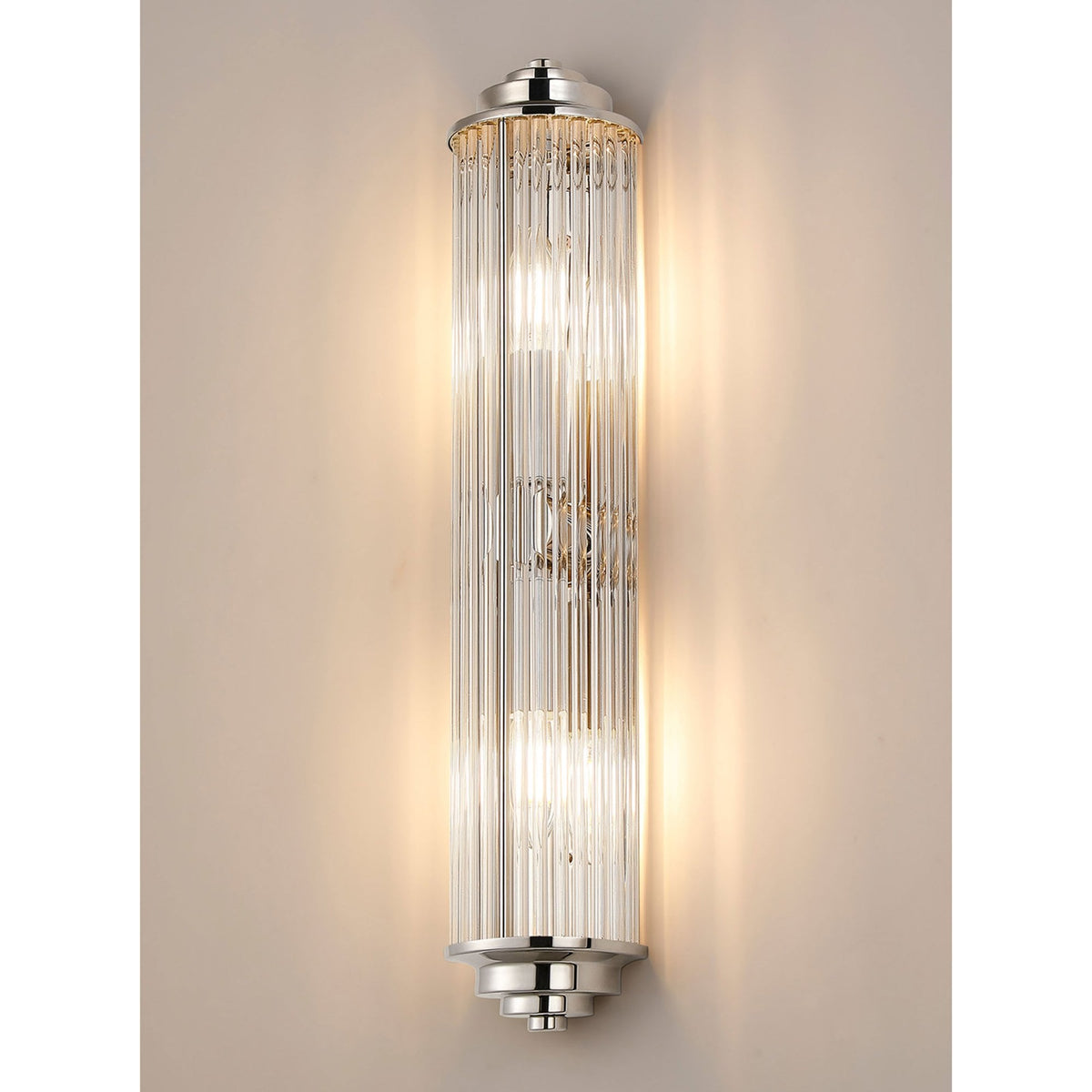 Tansley E14 Twin Lamp IP44 Flush Wall Light in Polished Nickel with Clear Glass Rods
