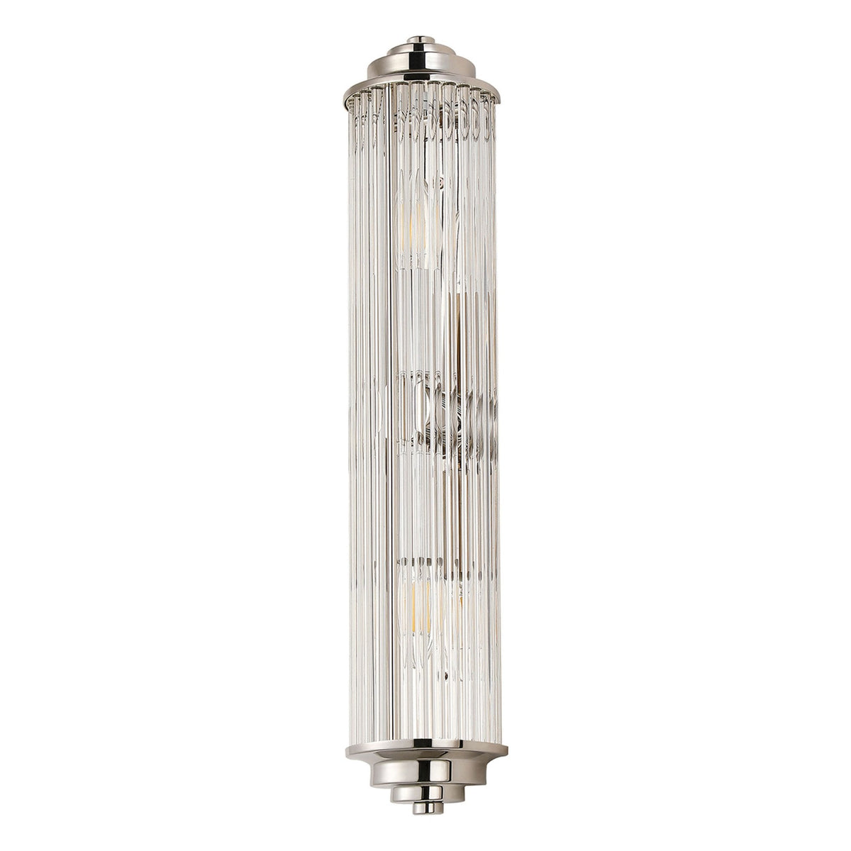 Tansley E14 Twin Lamp IP44 Flush Wall Light in Polished Nickel with Clear Glass Rods