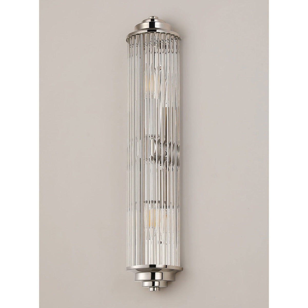 Tansley E14 Twin Lamp IP44 Flush Wall Light in Polished Nickel with Clear Glass Rods